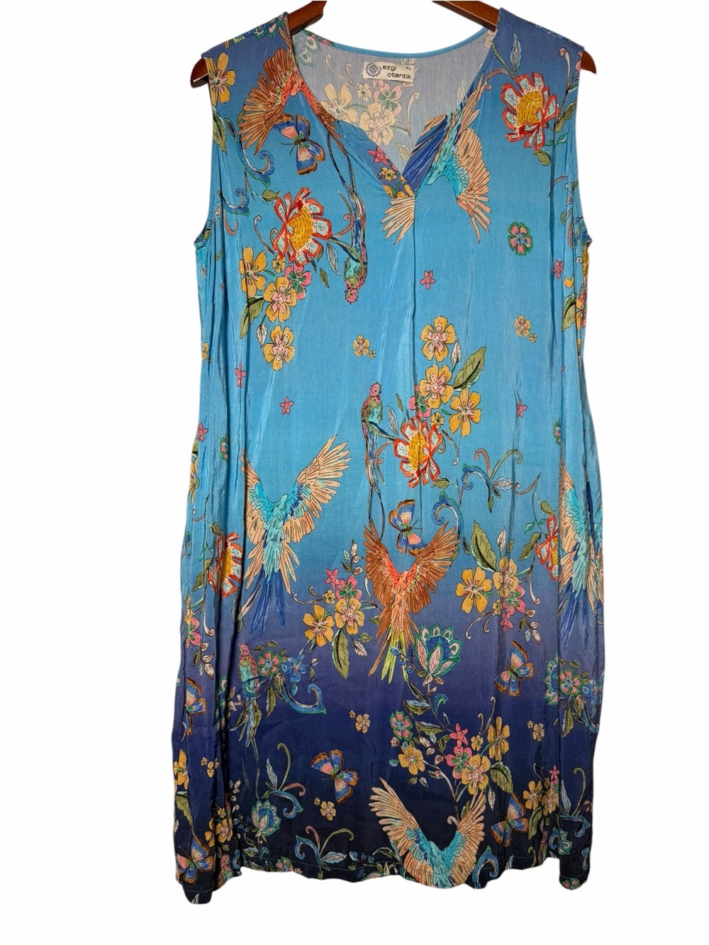 Linen Silk Bird Print Blue Ombre Boho Midi Dress XL - Picture 2 of 11